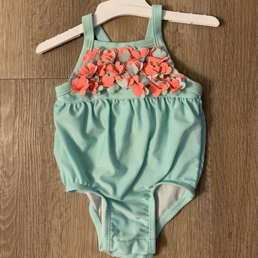 Cat & Jack Girl's Size 3-6 Months Aqua One Piece Swimsuit Coral Floral Accents